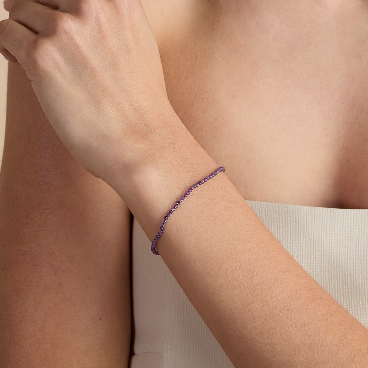Amethyst February Beaded Bracelet in Solid White Gold - Image 2