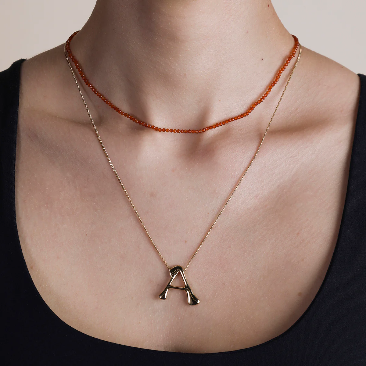Carnelian July Beaded Necklace in Solid Gold - Image 3