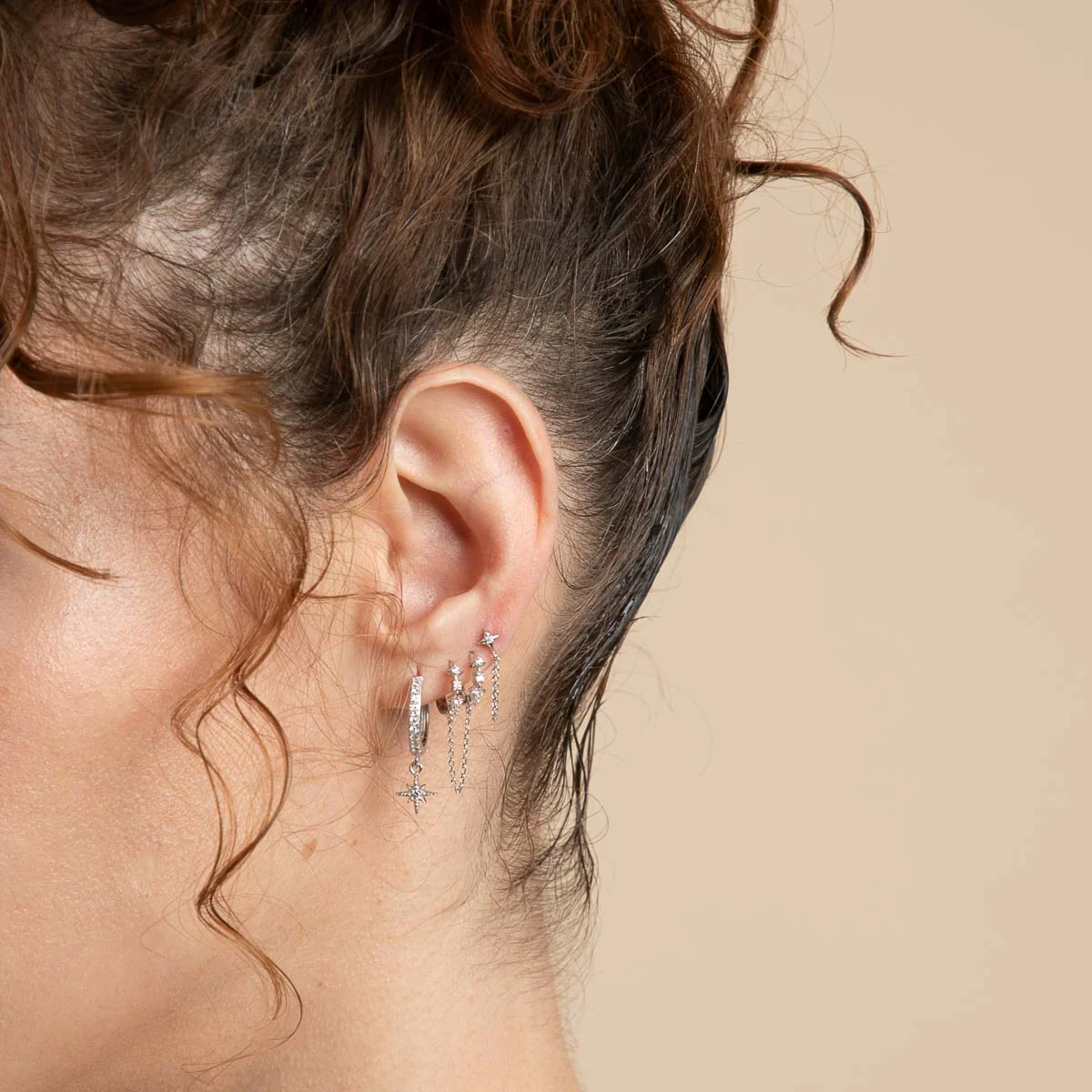 Cosmic Star Chain Stud Earrings in Silver - Image 4