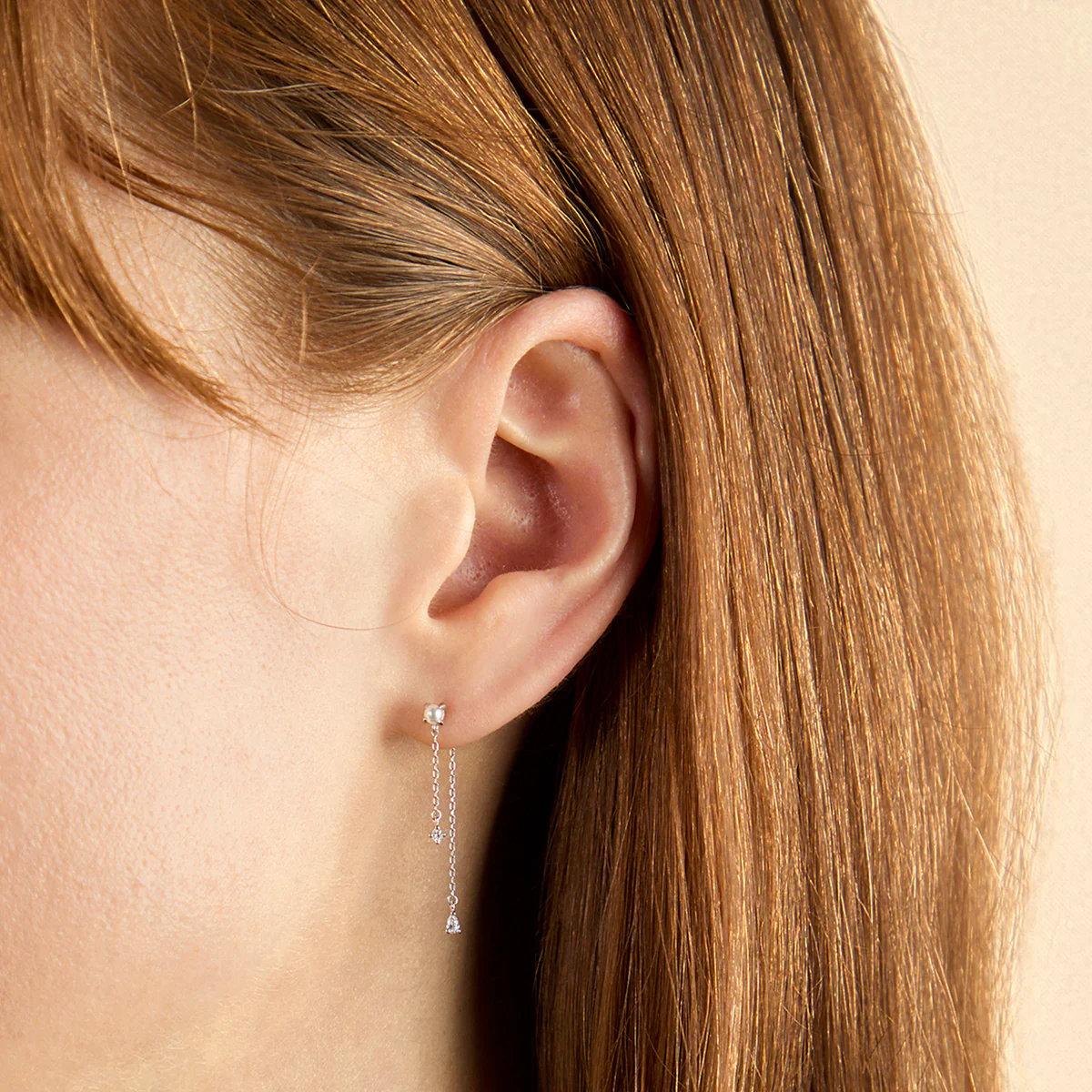 Diamond & Pearl Chain Studs in Solid White Gold - Image 2