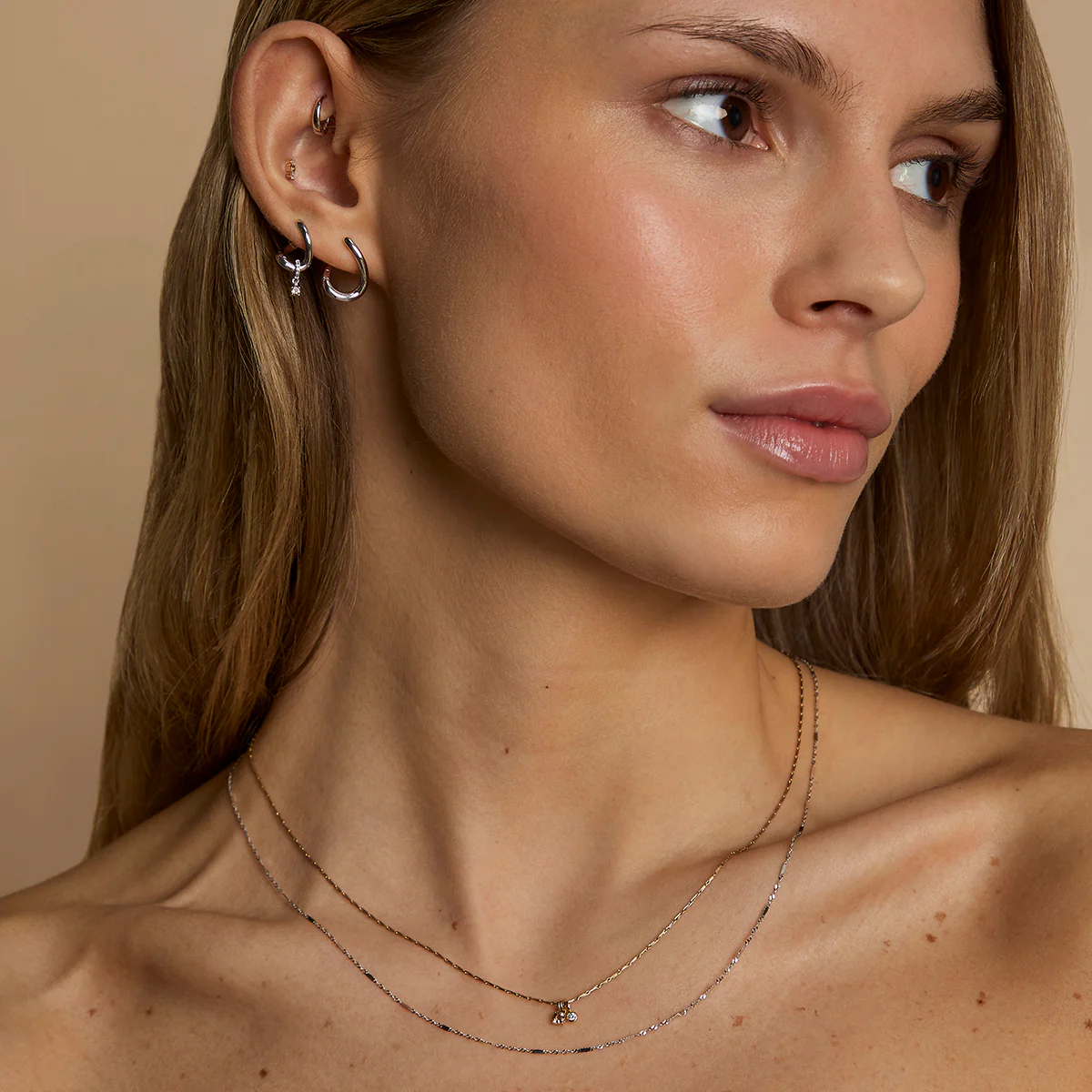 Diamond & Quartz Charm Molten Huggies in Solid White Gold - Image 4