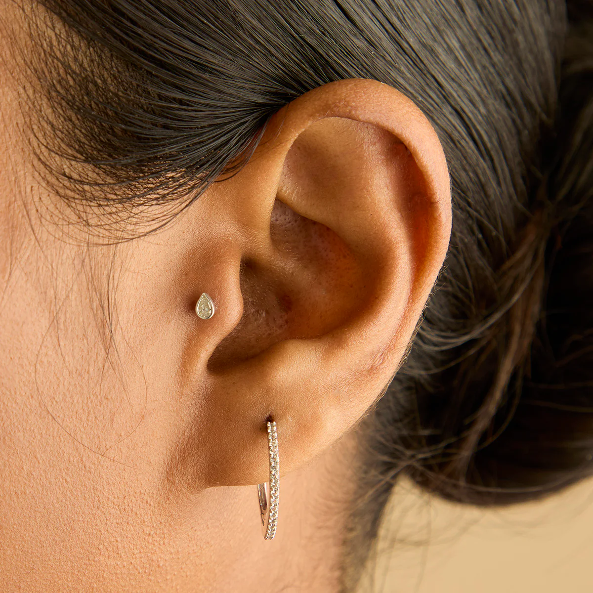 Diamond Bezel Pear Piercing Stud in Solid White Gold - Image 2
