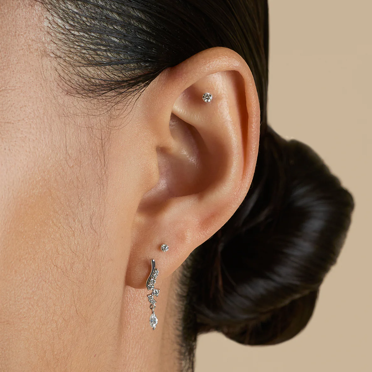 Diamond Wave Charm Studs in Solid White Gold - Image 3