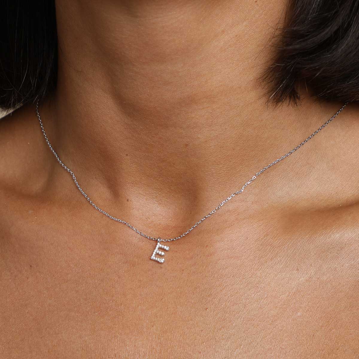 E Initial Pavé Pendant Necklace in Silver - Image 2