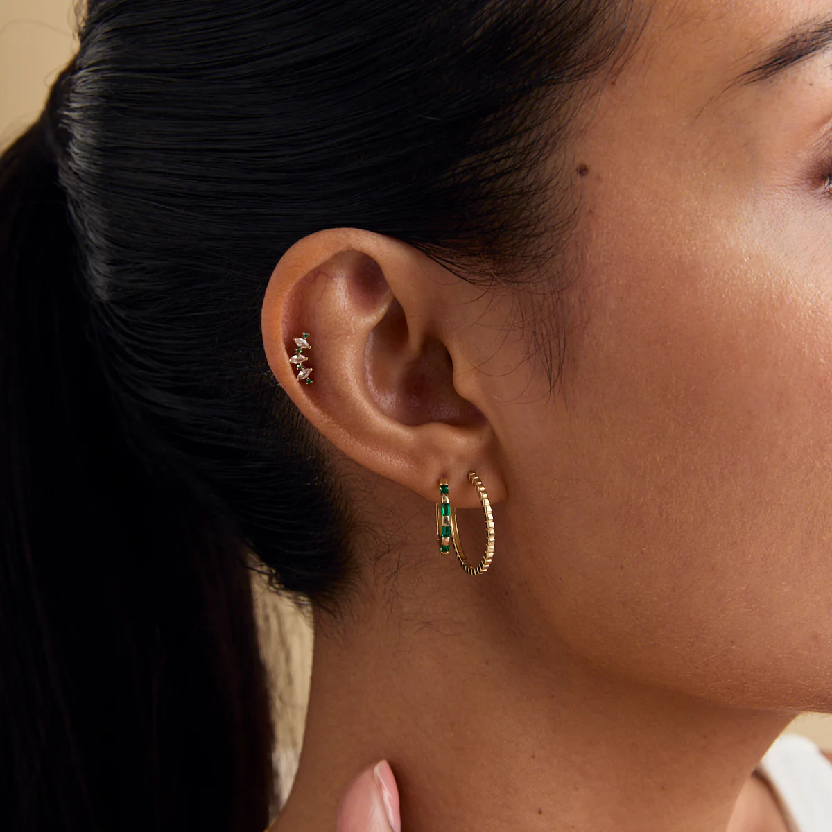 Emerald Baguette Hoops in Solid Gold - Image 3