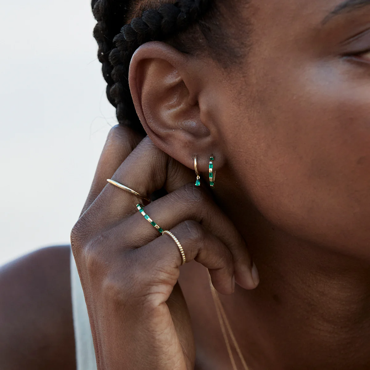 Emerald Baguette Hoops in Solid Gold - Image 4
