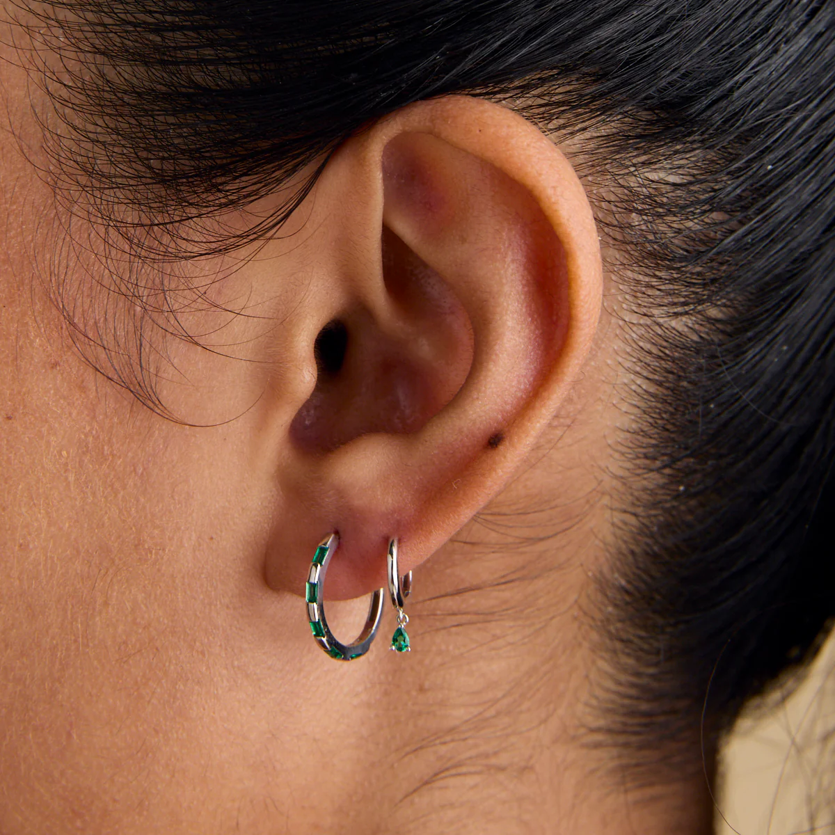 Emerald Baguette Hoops in Solid White Gold - Image 3