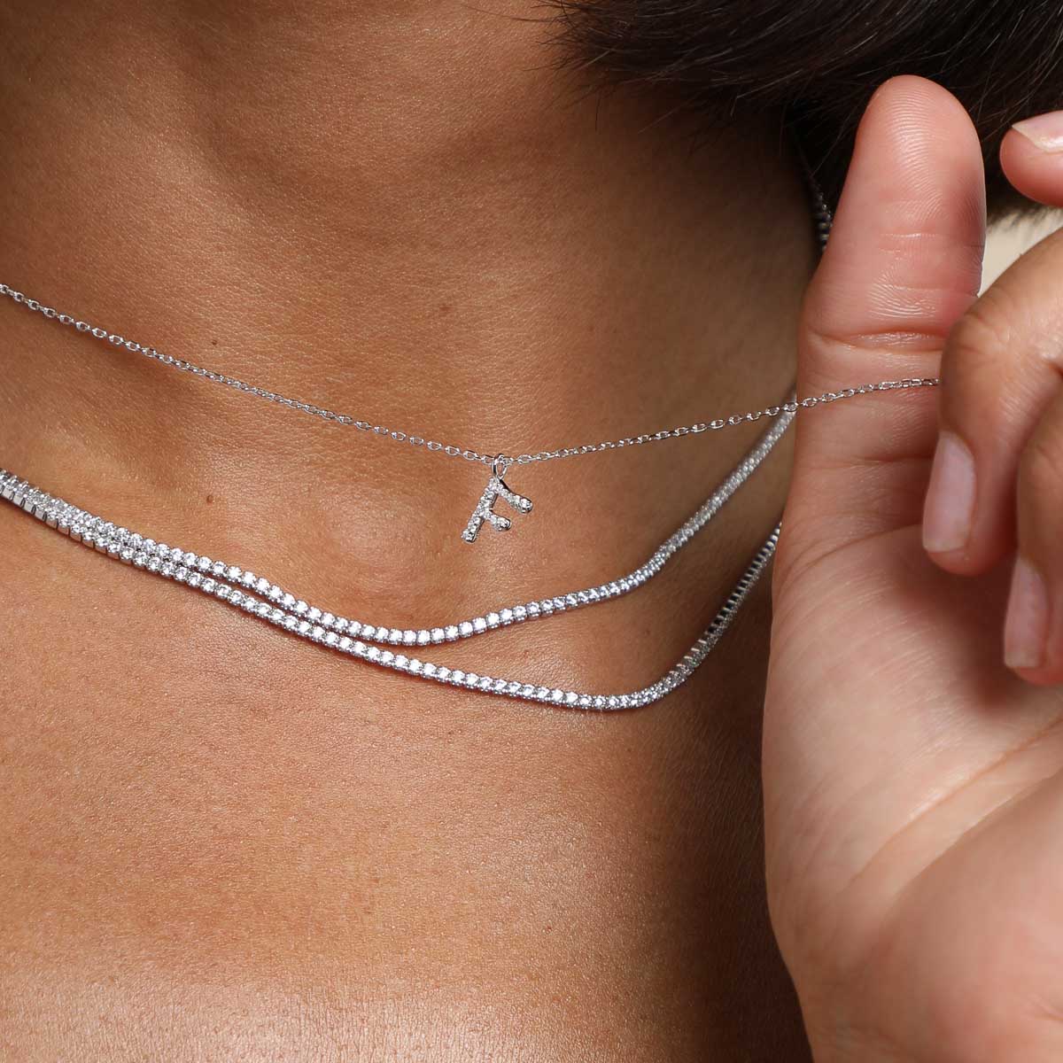 F Initial Pavé Pendant Necklace in Silver - Image 3