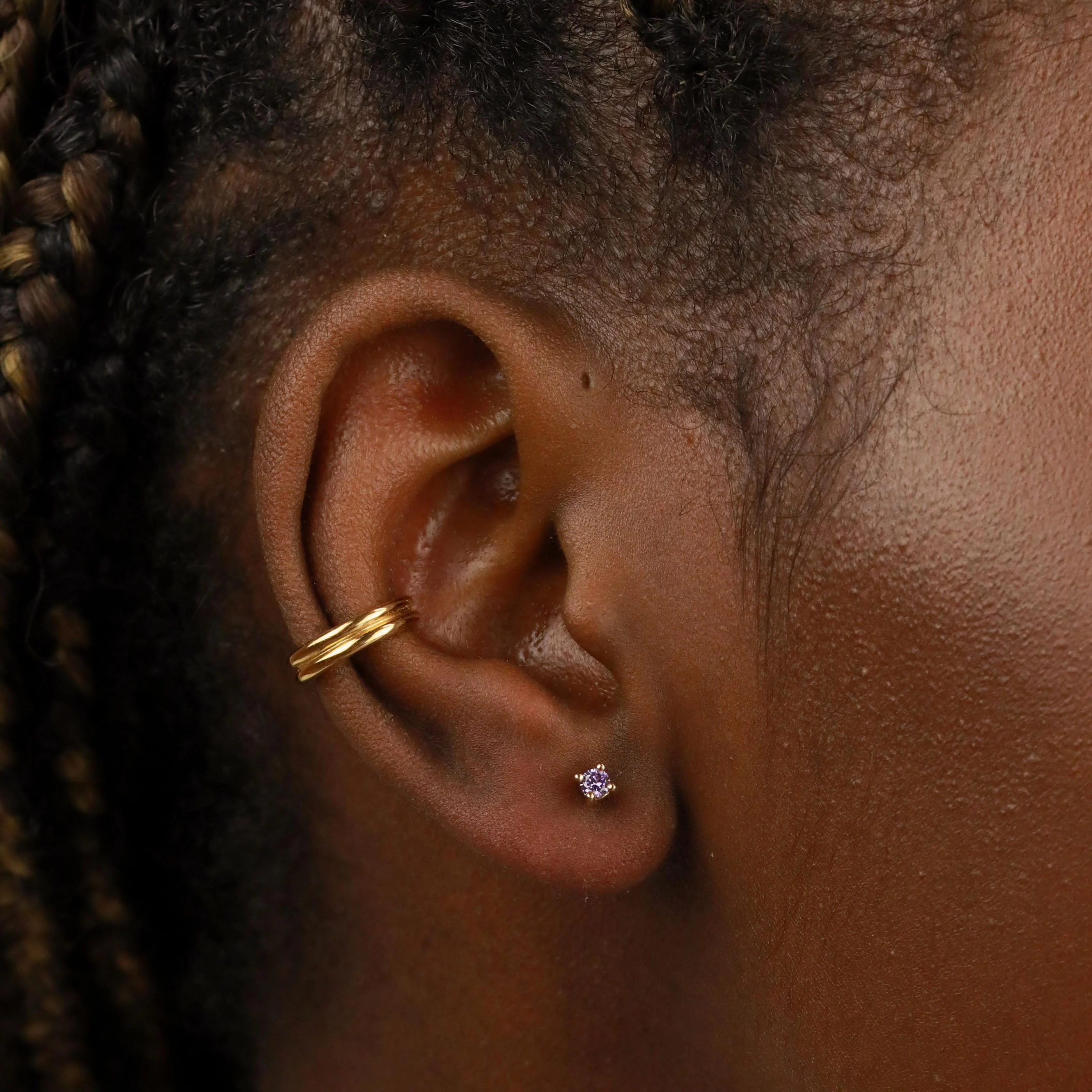 February Birthstone Stud Earrings in Gold with Amethyst CZ - Image 2