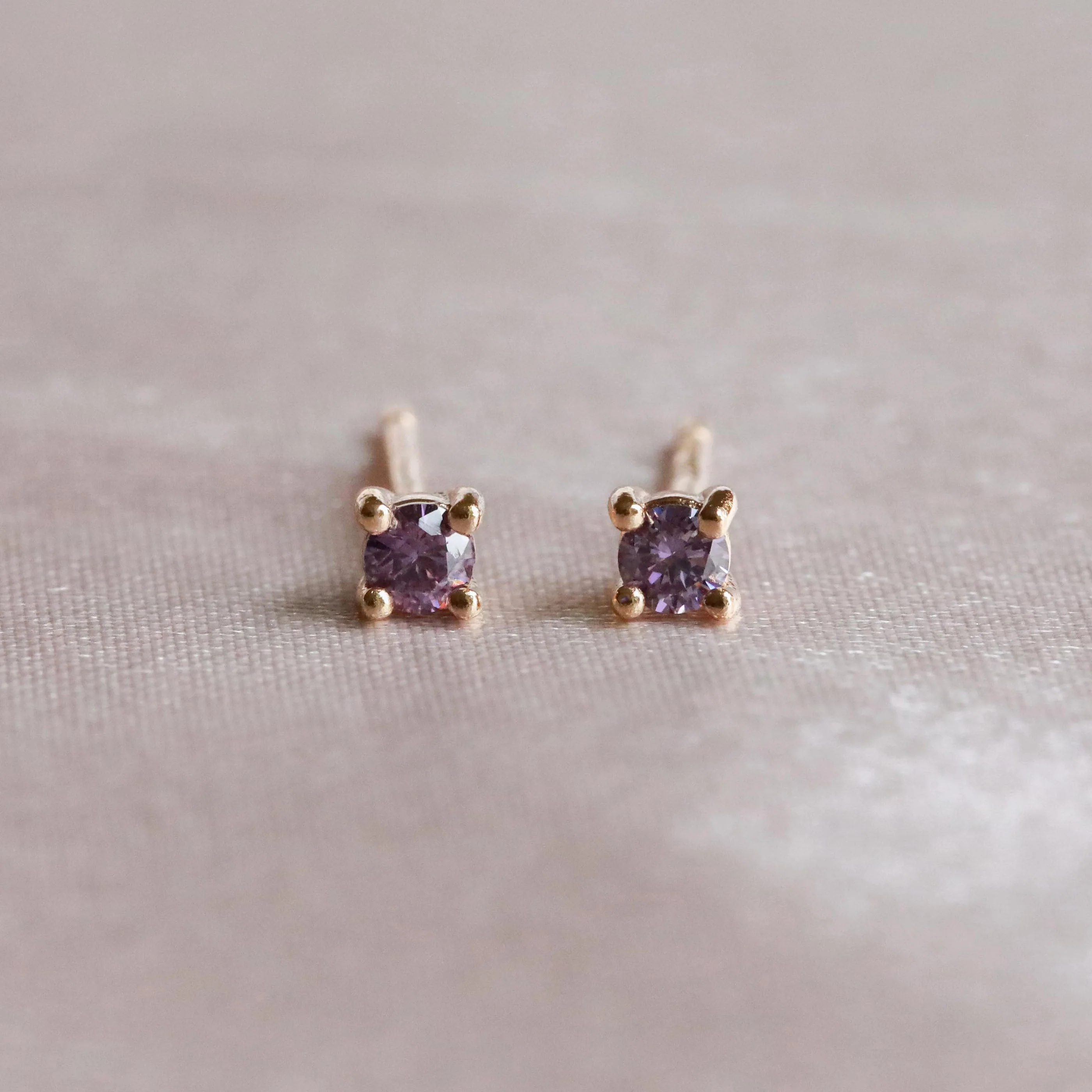 February Birthstone Stud Earrings in Gold with Amethyst CZ - Image 3