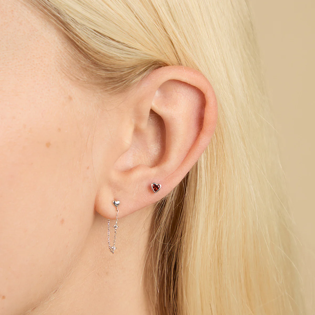 Garnet Heart Piercing Stud in Solid White Gold - Image 2