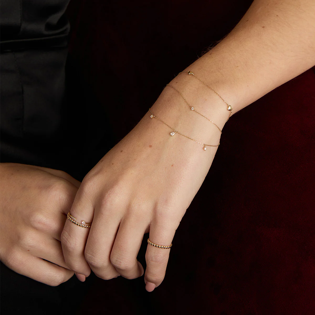 Heart Charm Double Chain Bracelet in Solid Gold - Image 3