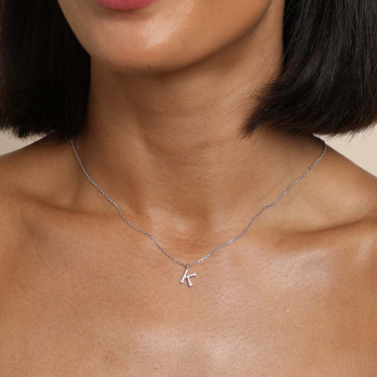 K Initial Pavé Pendant Necklace in Silver - Image 2