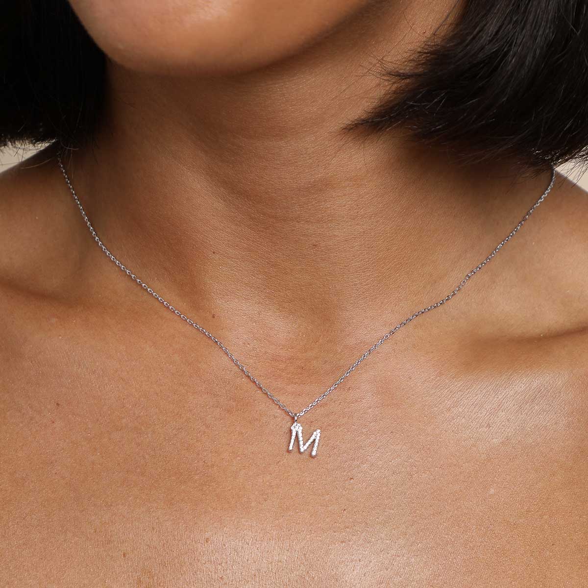 M Initial Pavé Pendant Necklace in Silver - Image 2