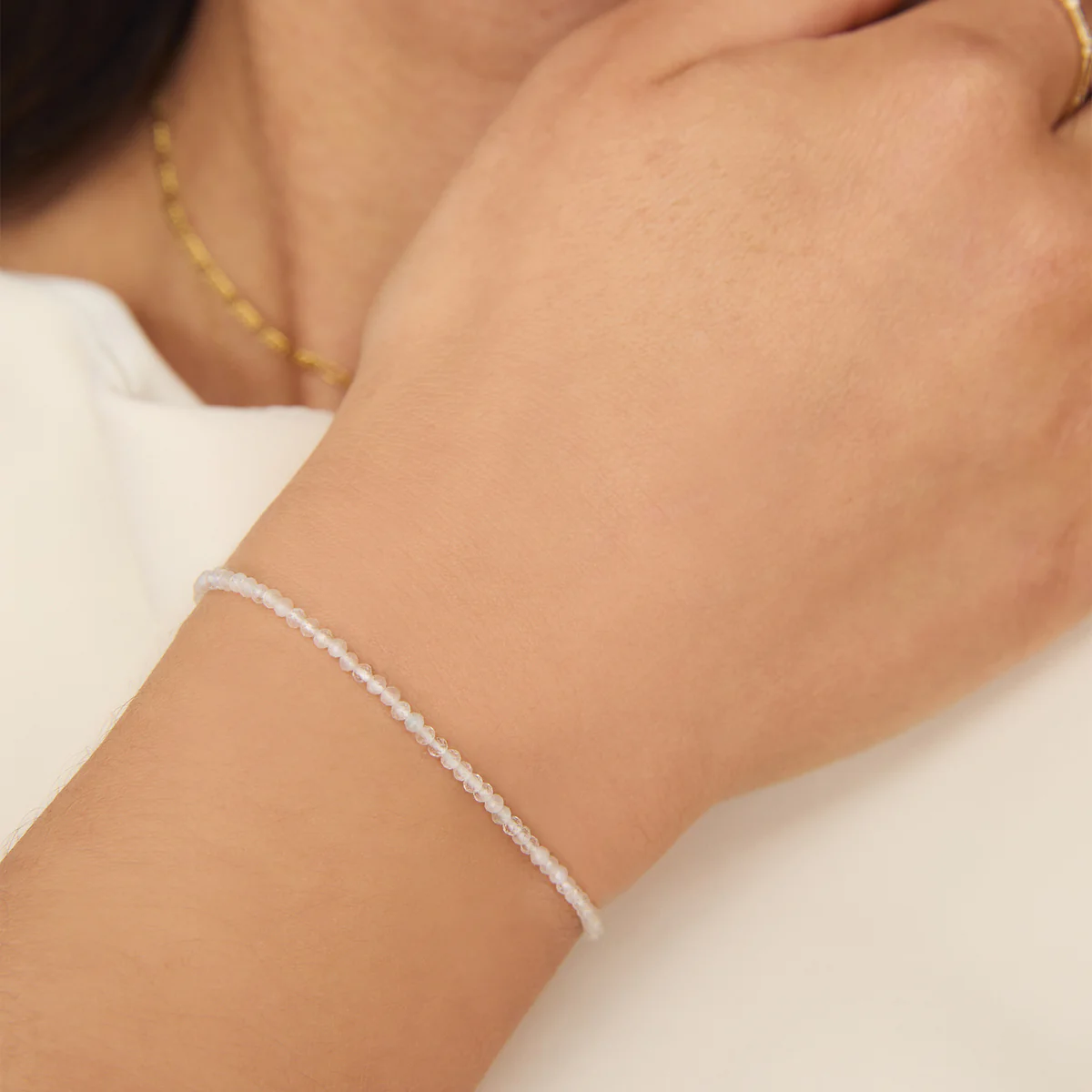 Moonstone June Beaded Birthstone Bracelet in Solid White Gold - Image 2
