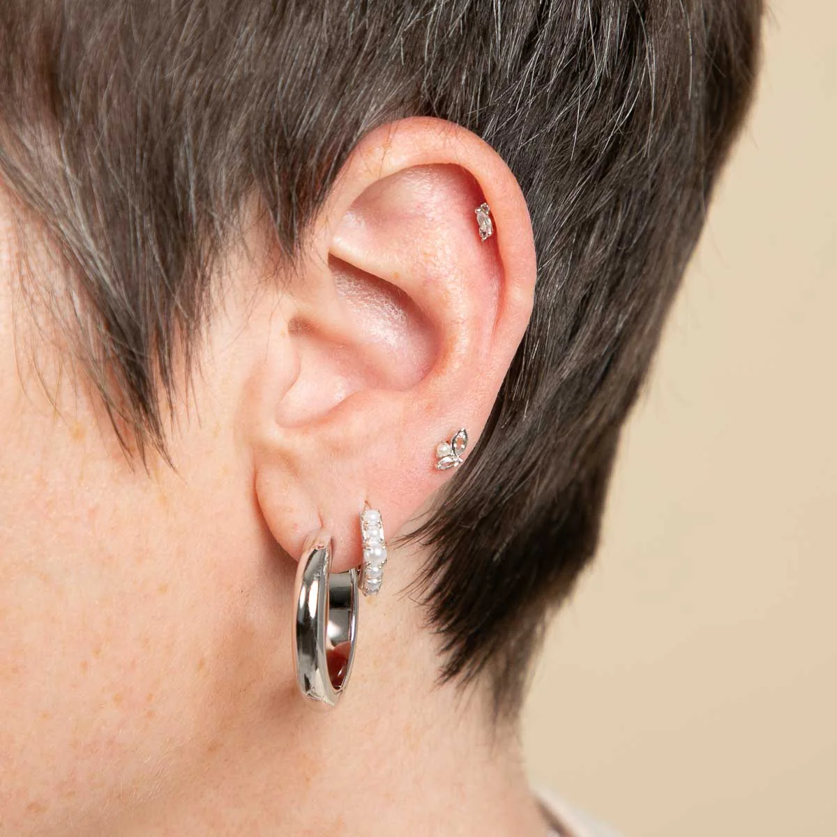 Moonstone Cluster Piercing Stud in Solid White Gold - Image 3
