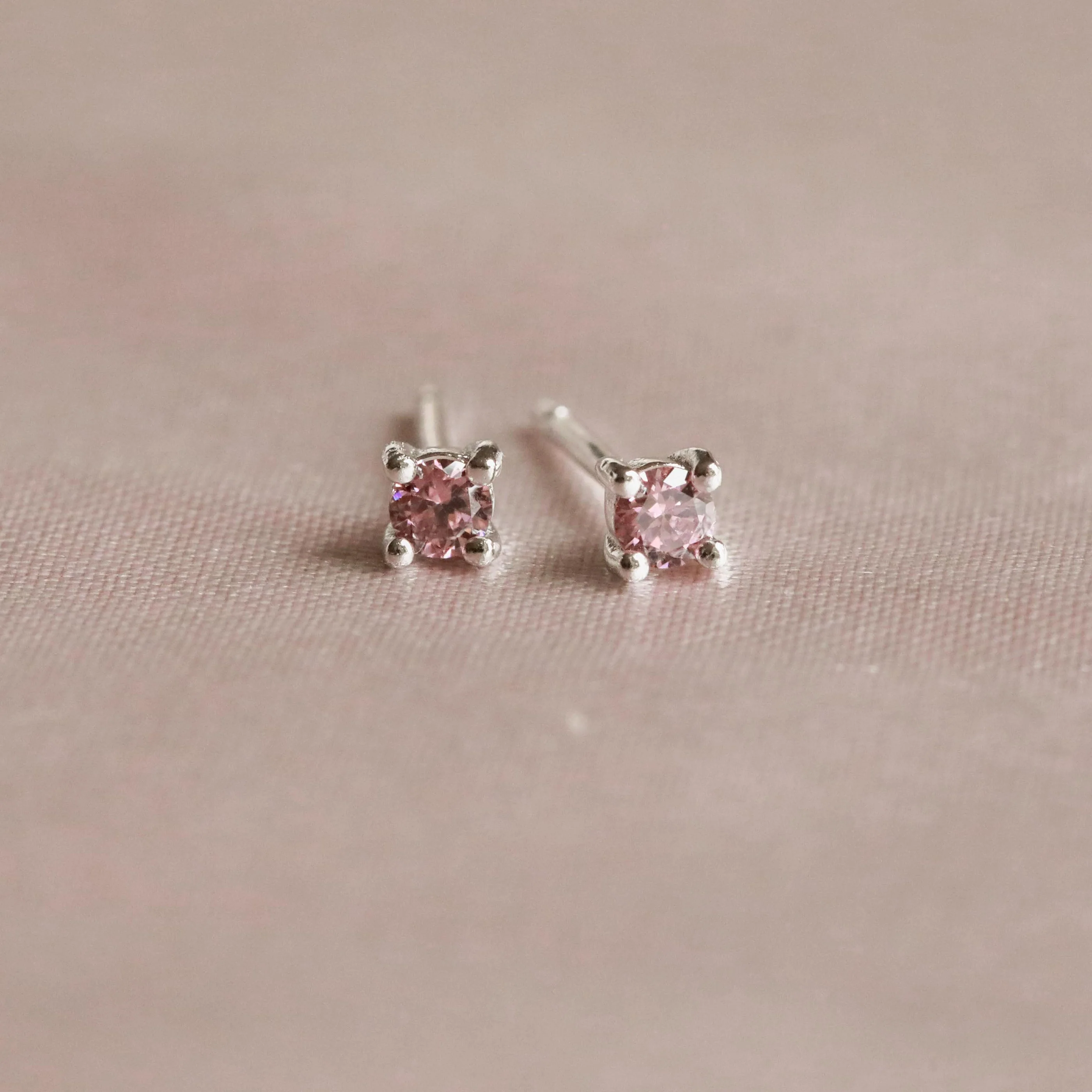 October Birthstone Stud Earrings in Silver with Pink Tourmaline CZ - Image 2