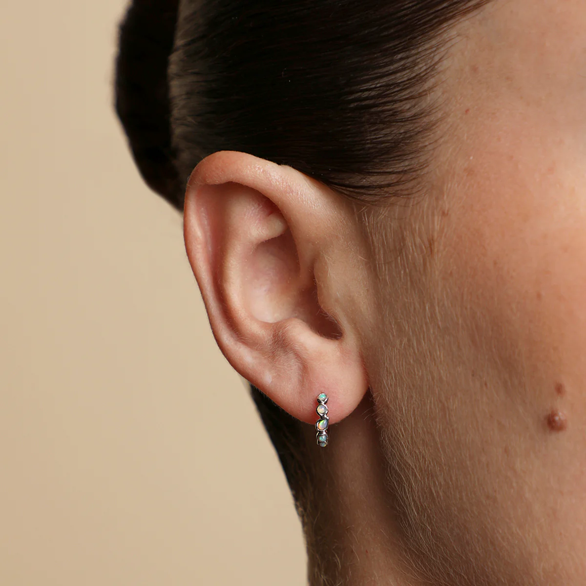 Opal Pear Bezel Huggies in Solid White Gold - Image 2