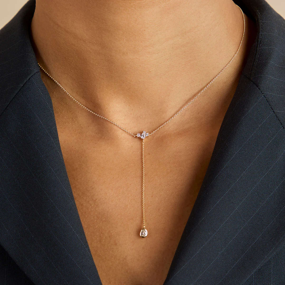Pear Bezel Lariat Necklace in Gold - Image 2