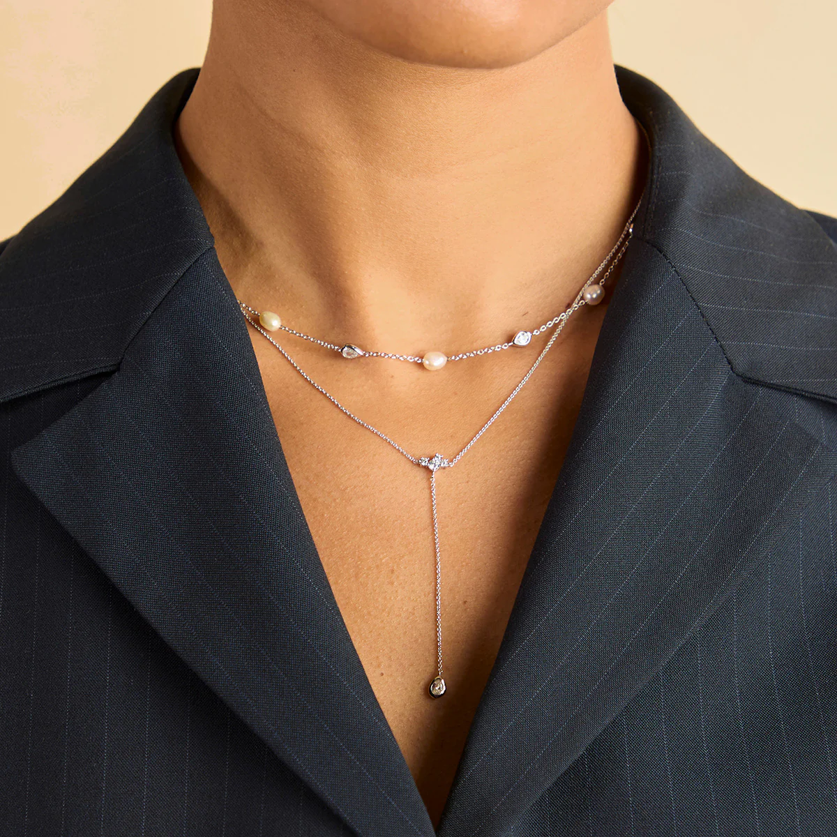 Pearl & Crystal Charm Necklace in Silver - Image 3