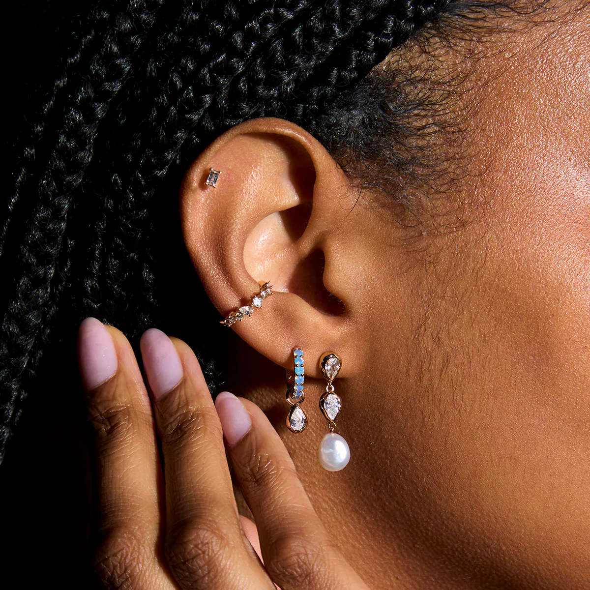 Pearl & Crystal Drop Studs in Gold - Image 5
