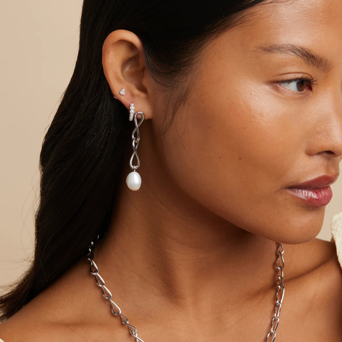 Pearl & Crystal Studs in Silver - Image 3