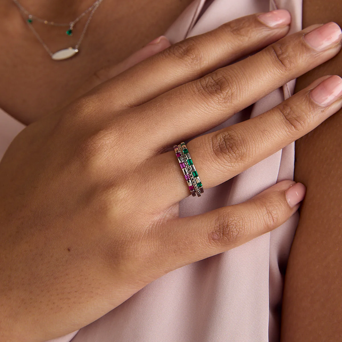 Pink Sapphire Baguette Band Ring in Solid White Gold - Image 3