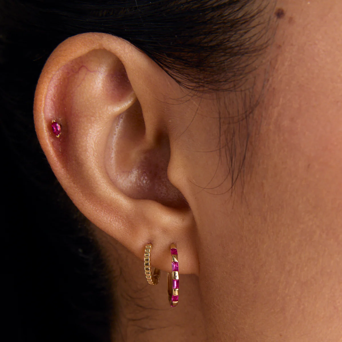 Pink Sapphire Baguette Hoops in Solid Gold - Image 4