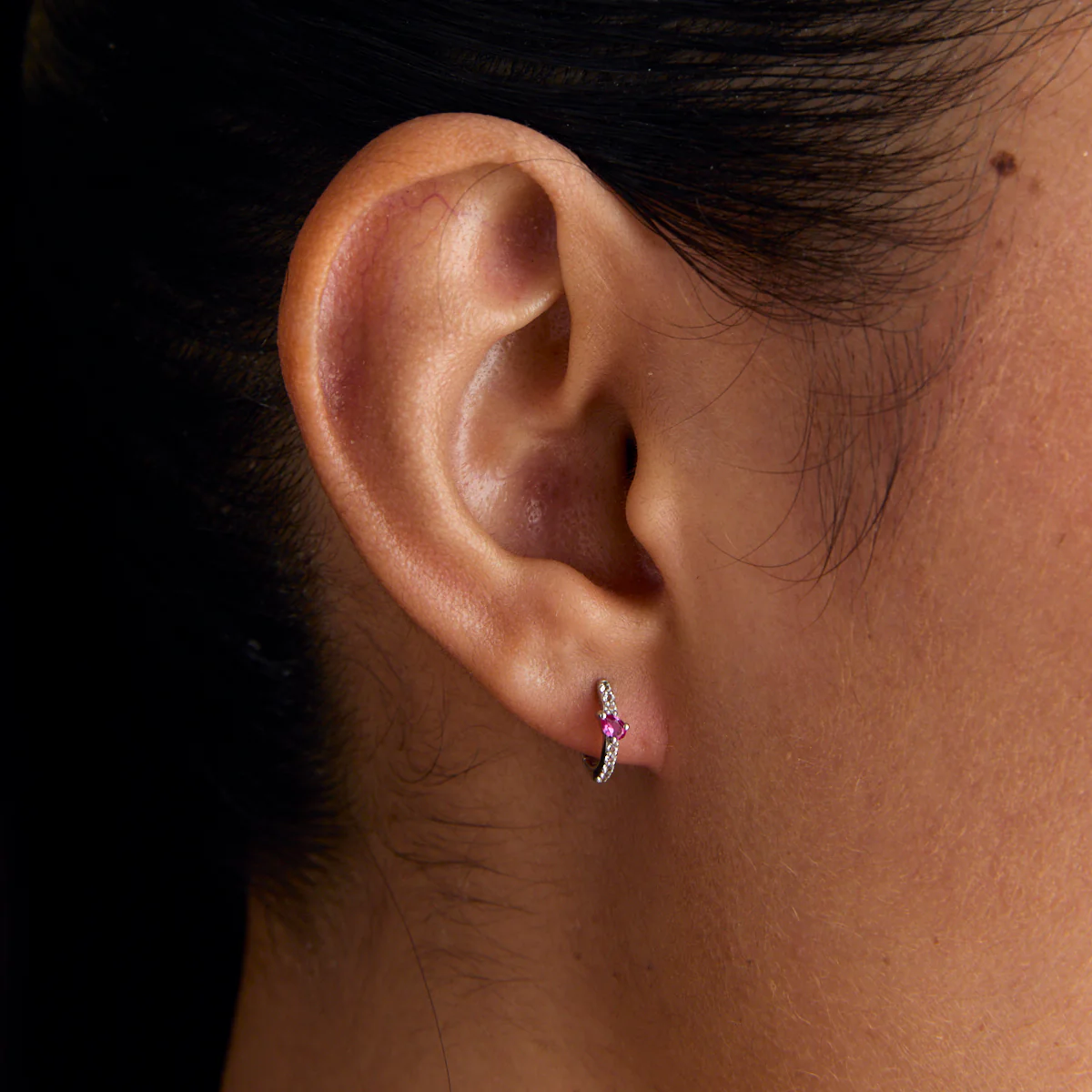 Pink Sapphire Marquise Huggies in Solid White Gold - Image 2