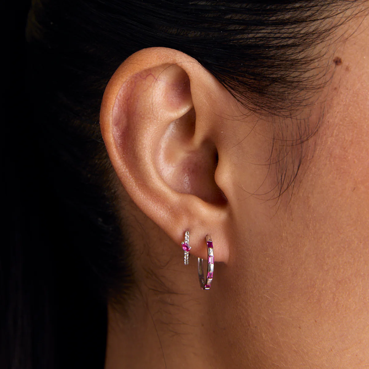 Pink Sapphire Marquise Huggies in Solid White Gold - Image 3