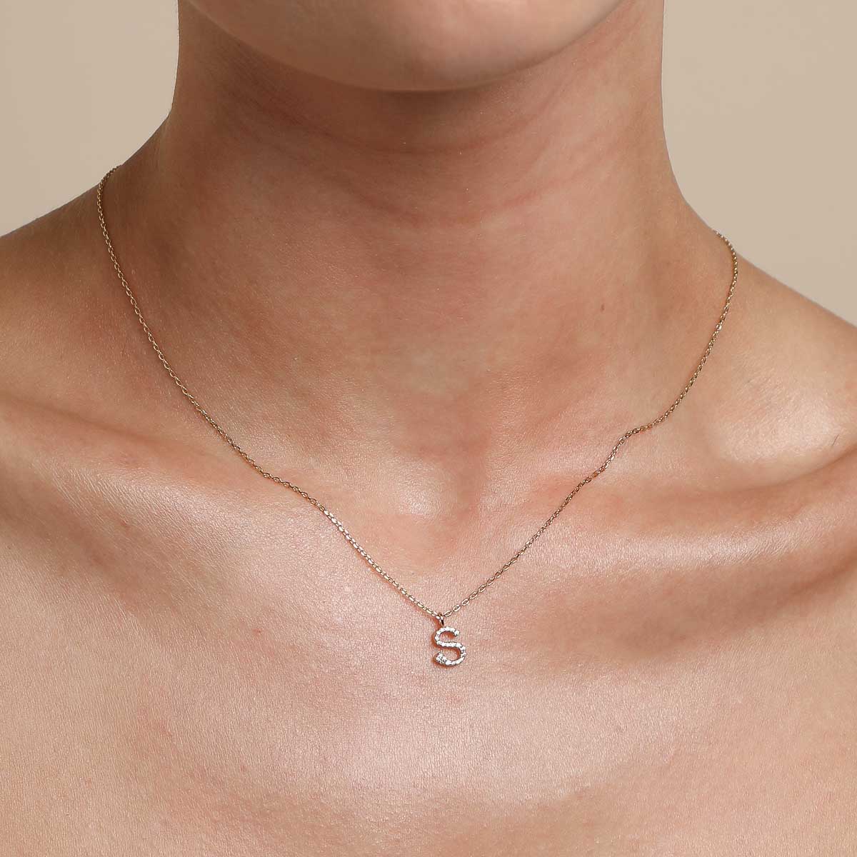S Initial Pavé Pendant Necklace in Gold - Image 2