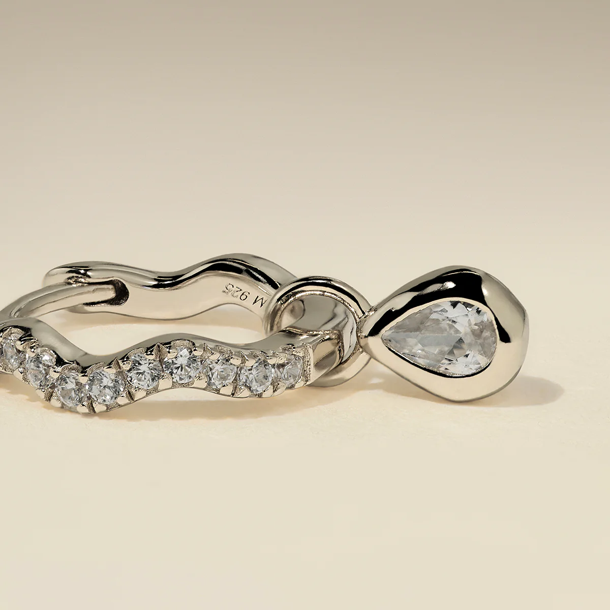 Scalloped Crystal Charm Huggies in Silver - Image 4