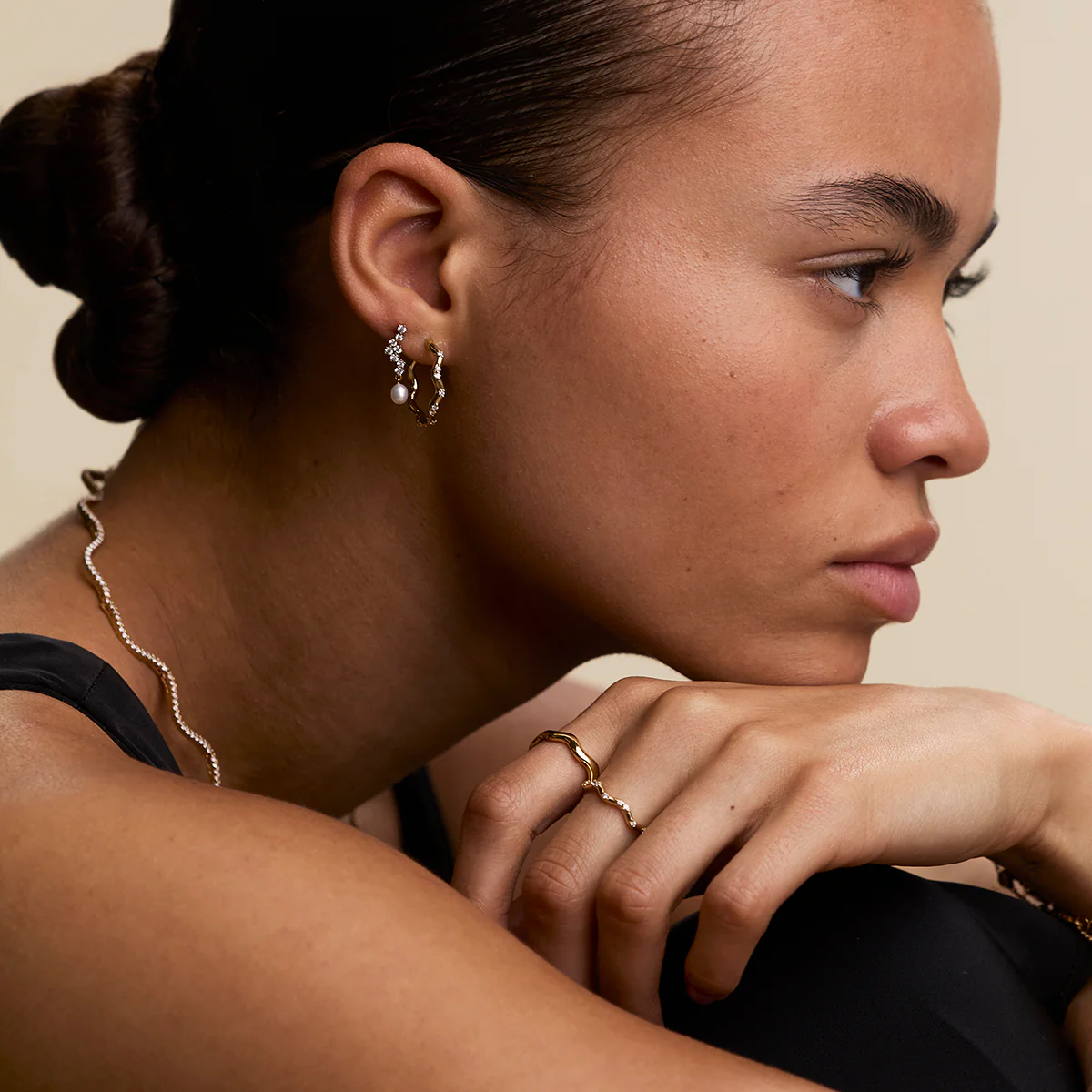 Scalloped Crystal Medium Hoops in Gold - Image 6