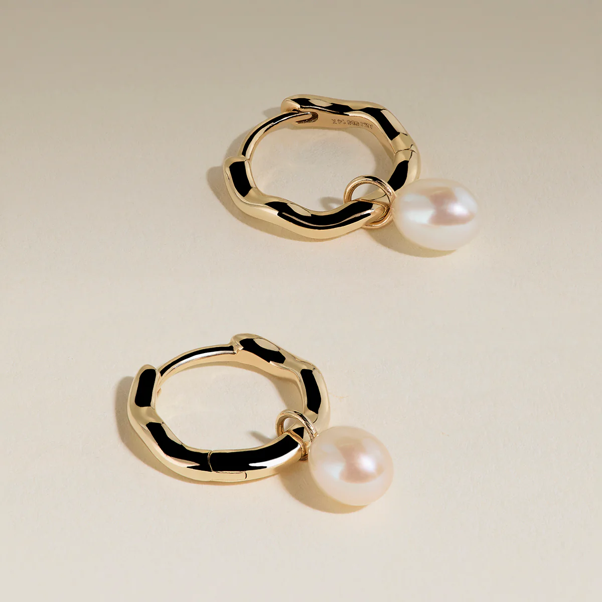 Scalloped Pearl Charm Huggies in Solid Gold - Image 4