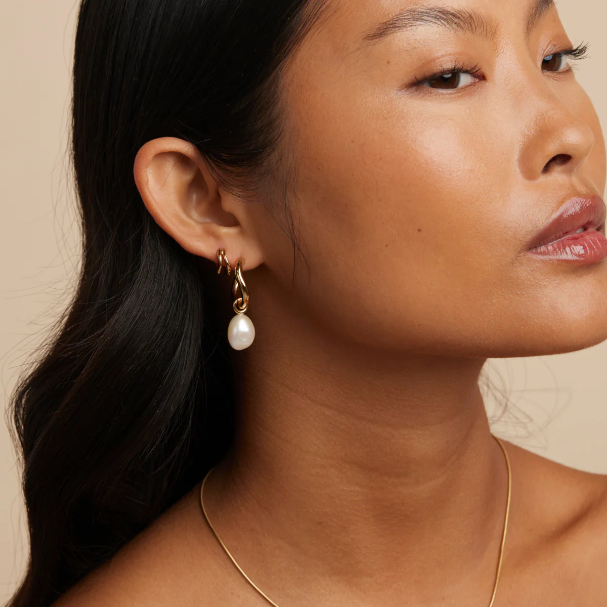Serenity Pearl Charm Hoops in Gold - Image 3
