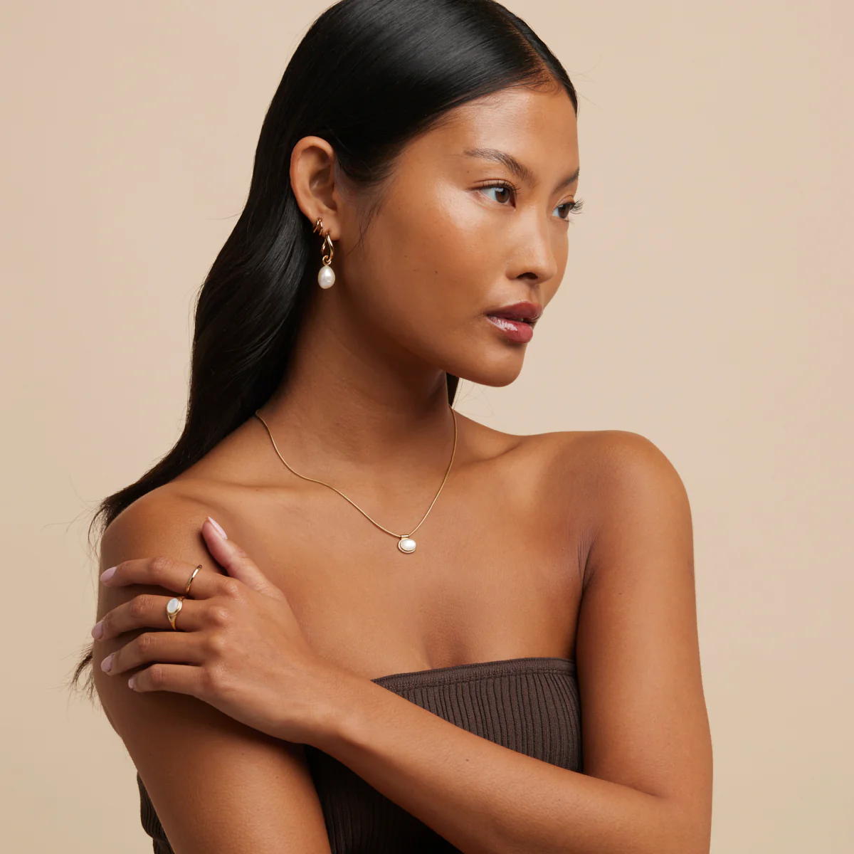 Serenity Pearl Charm Hoops in Gold - Image 6