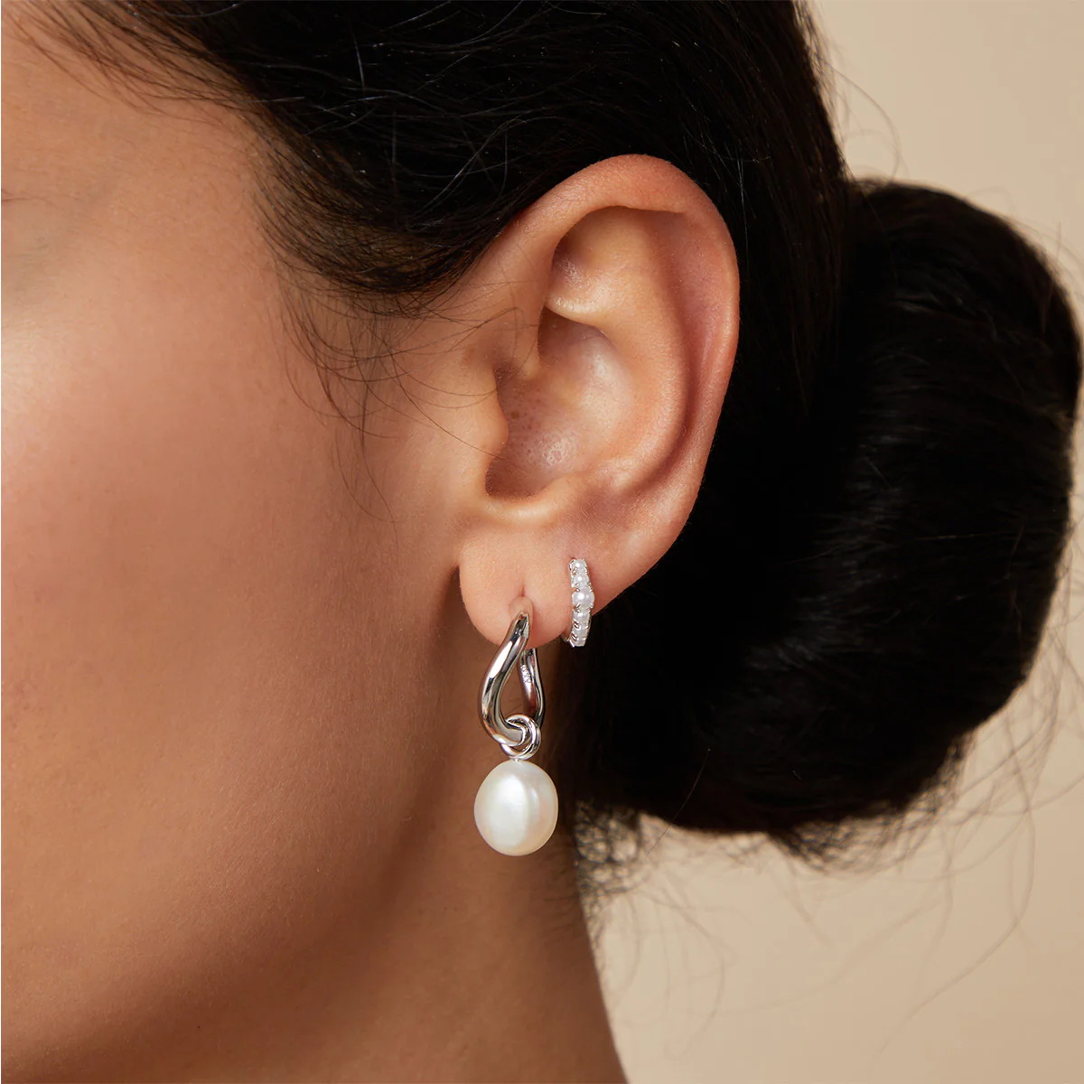 Serenity Pearl Charm Hoops in Silver - Image 4