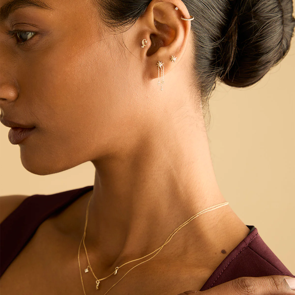 Shooting Star Chain Drop Studs in Solid Gold - Image 4