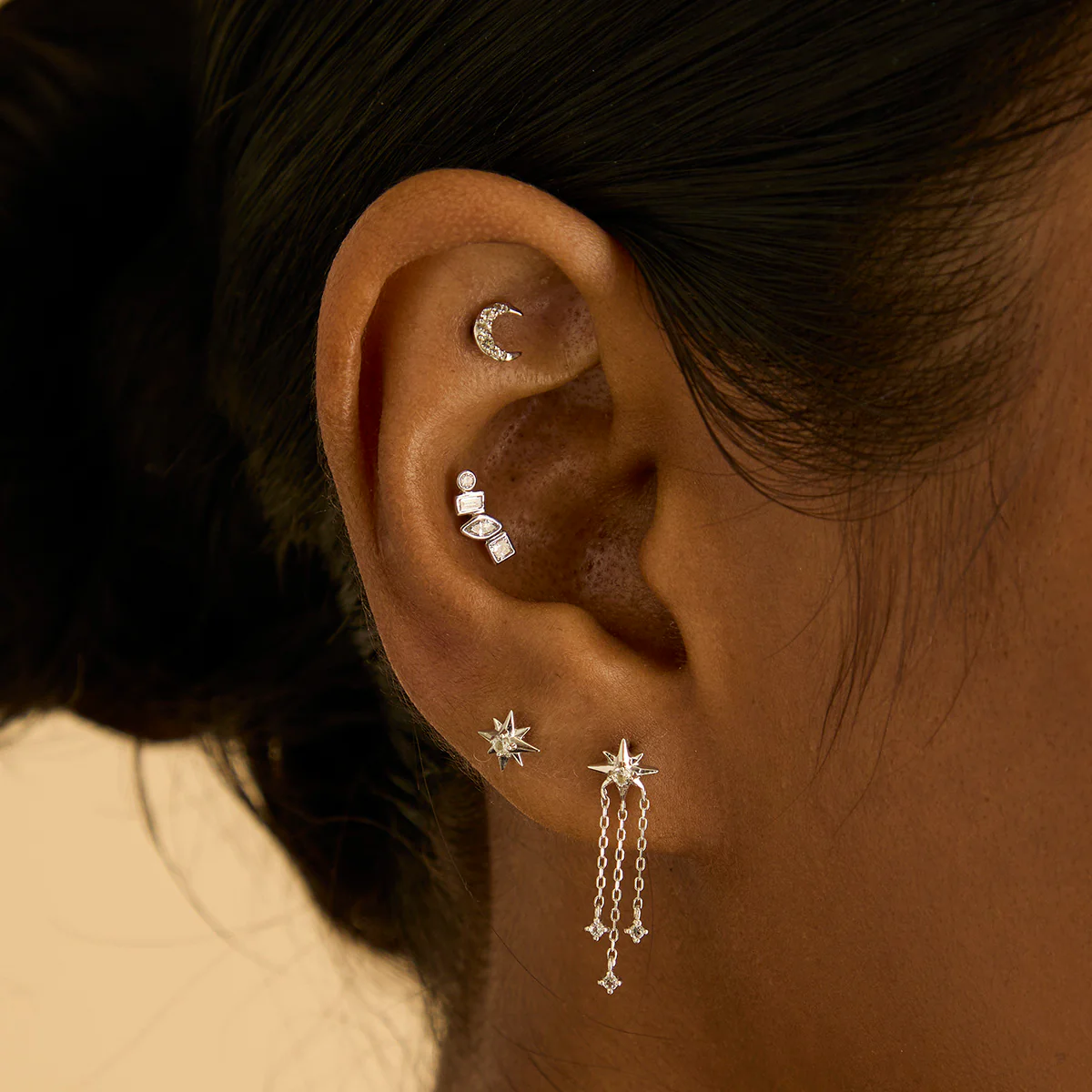 Shooting Star Chain Drop Studs in Solid White Gold - Image 3