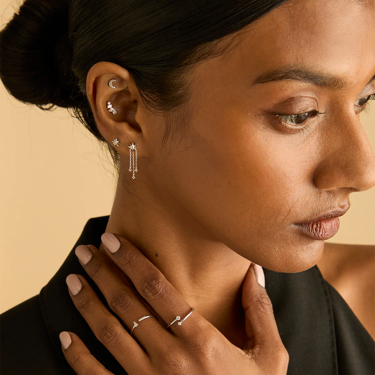 Shooting Star Chain Drop Studs in Solid White Gold - Image 4