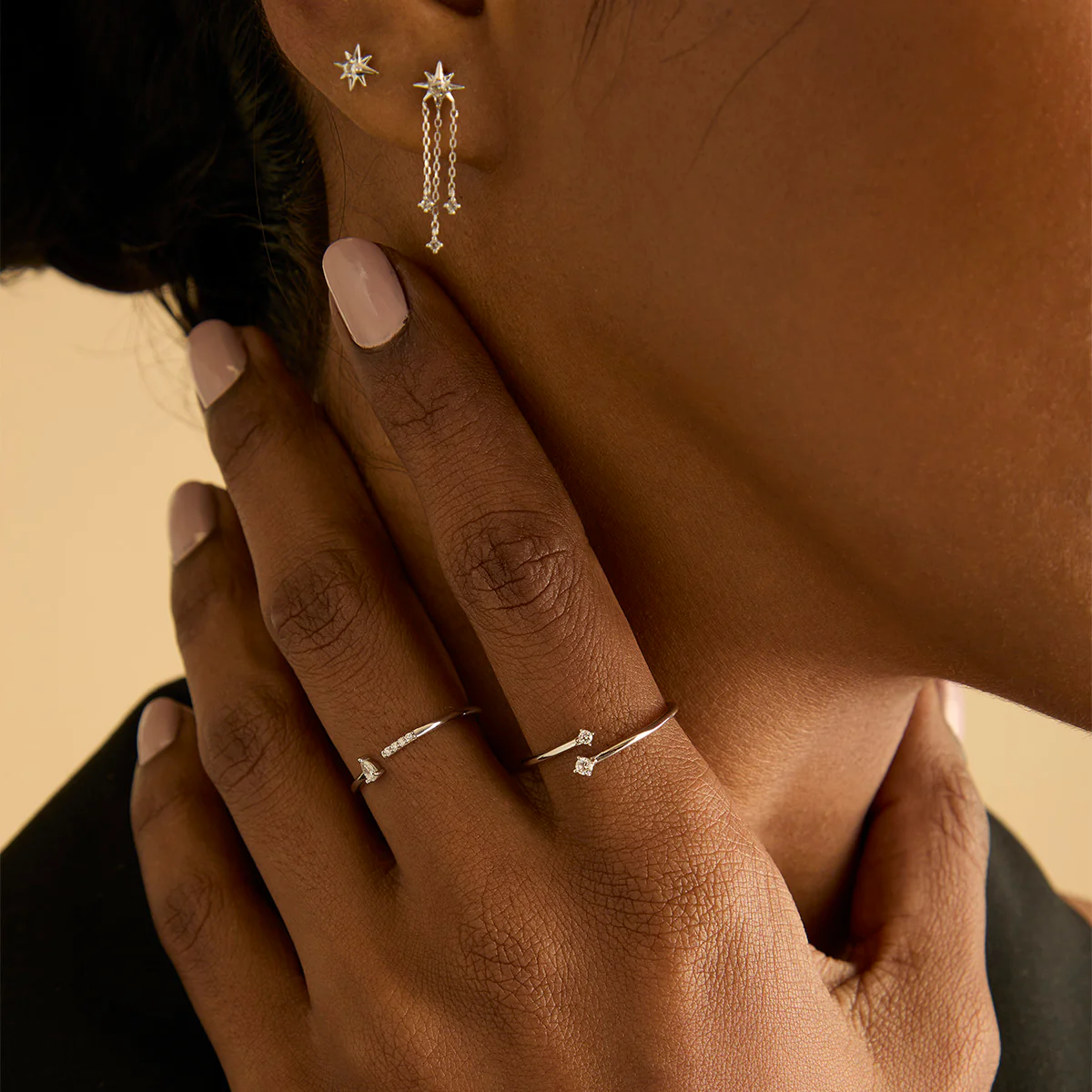 Shooting Star Chain Drop Studs in Solid White Gold - Image 5