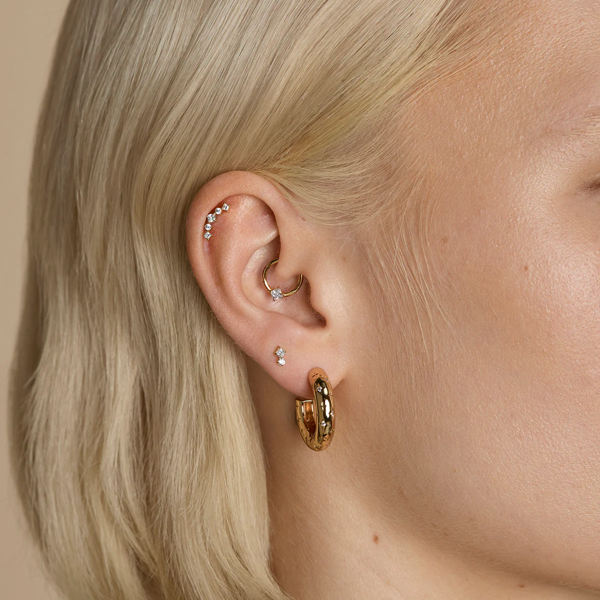Square Crystal Double Titanium Piercing Stud in Gold - Image 3