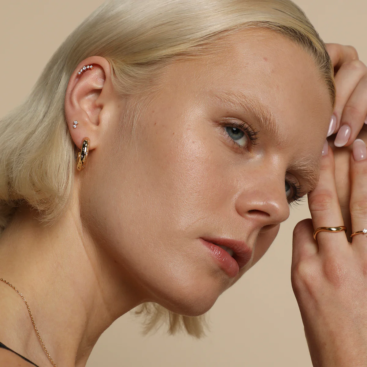 Square Crystal Double Titanium Piercing Stud in Gold - Image 5