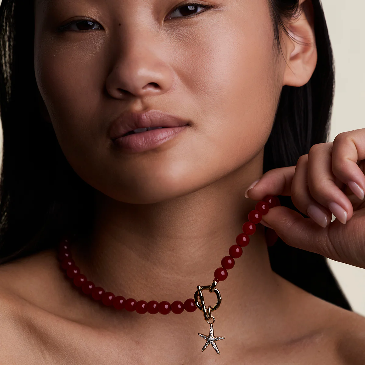 Sunset Red Beaded Necklace in Gold - Image 3