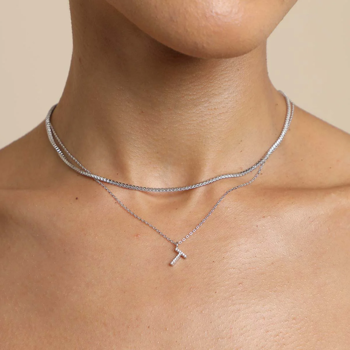 T Initial Pavé Pendant Necklace in Silver - Image 3