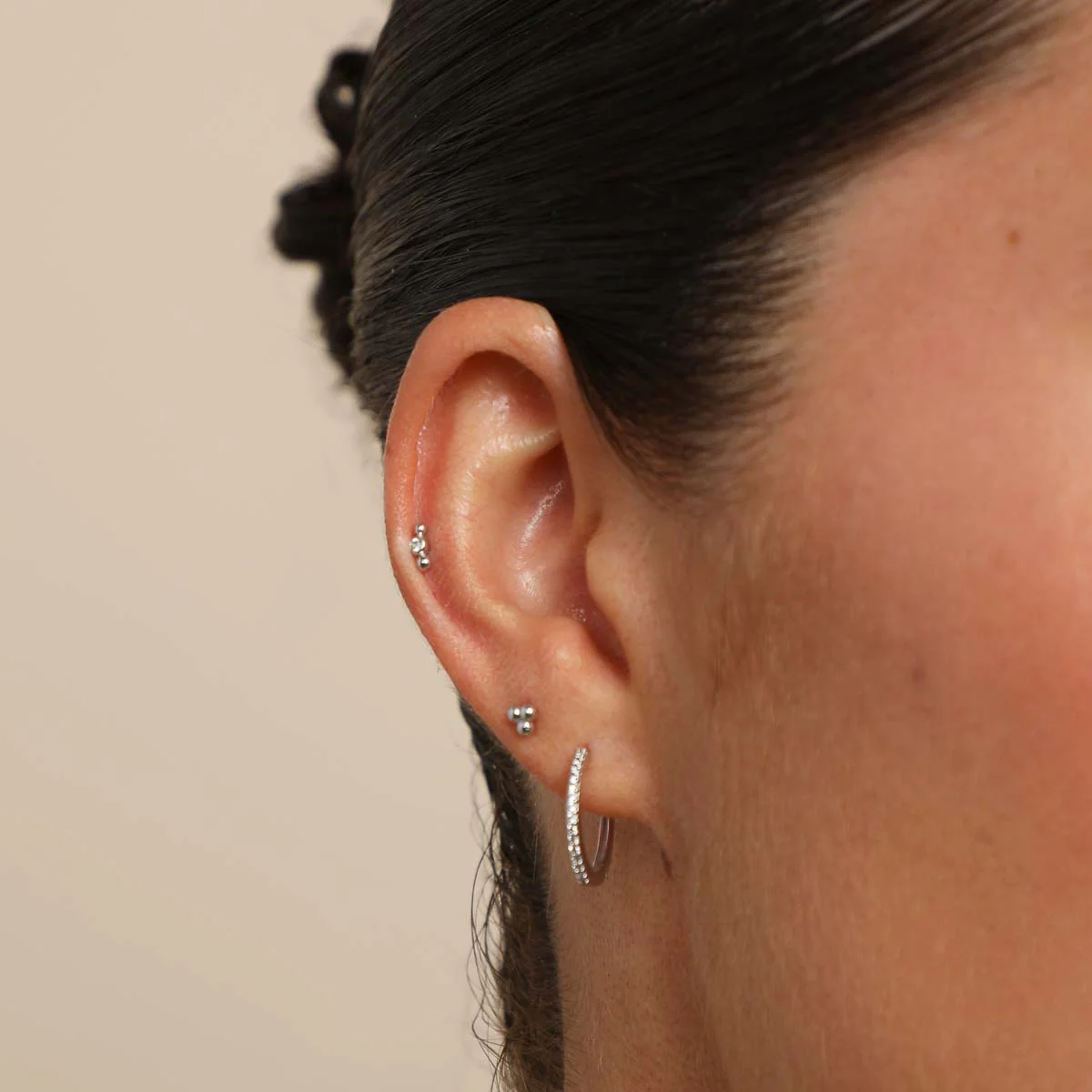Topaz Beaded Triple Piercing Stud in Solid White Gold - Image 3