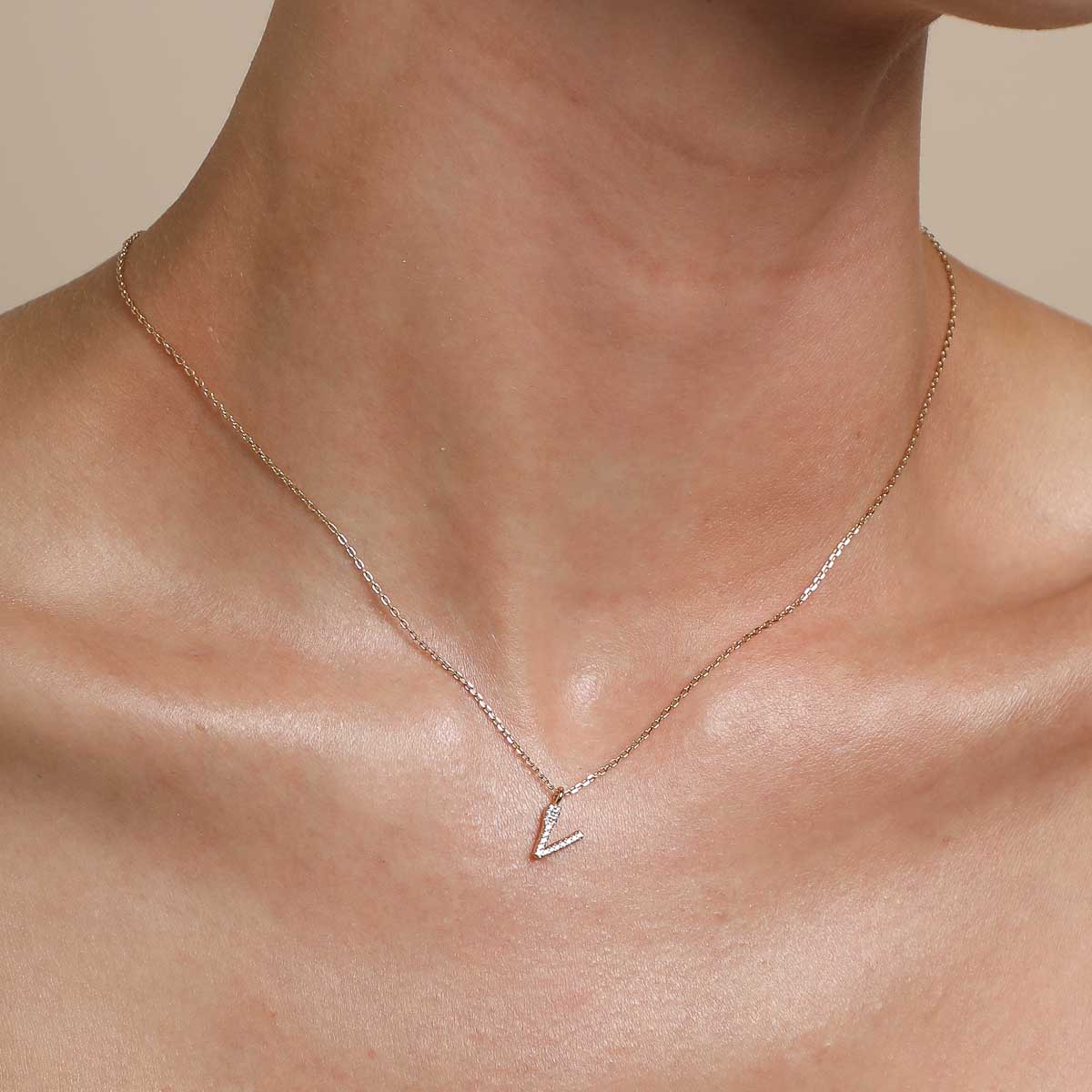 V Initial Pavé Pendant Necklace in Gold - Image 2