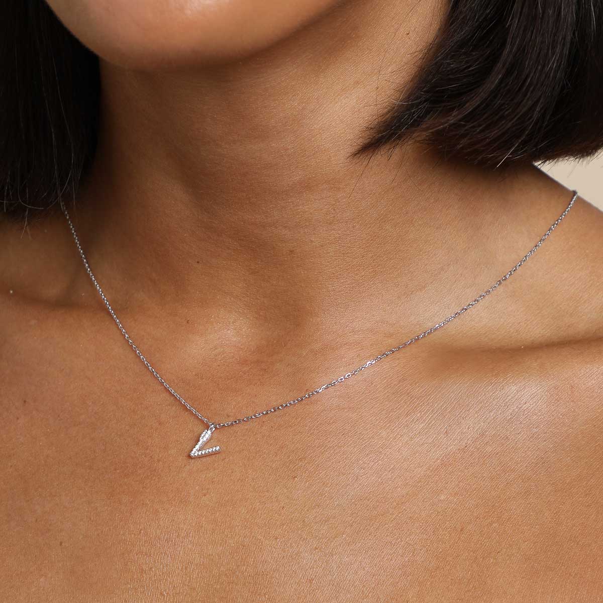 V Initial Pavé Pendant Necklace in Silver - Image 2