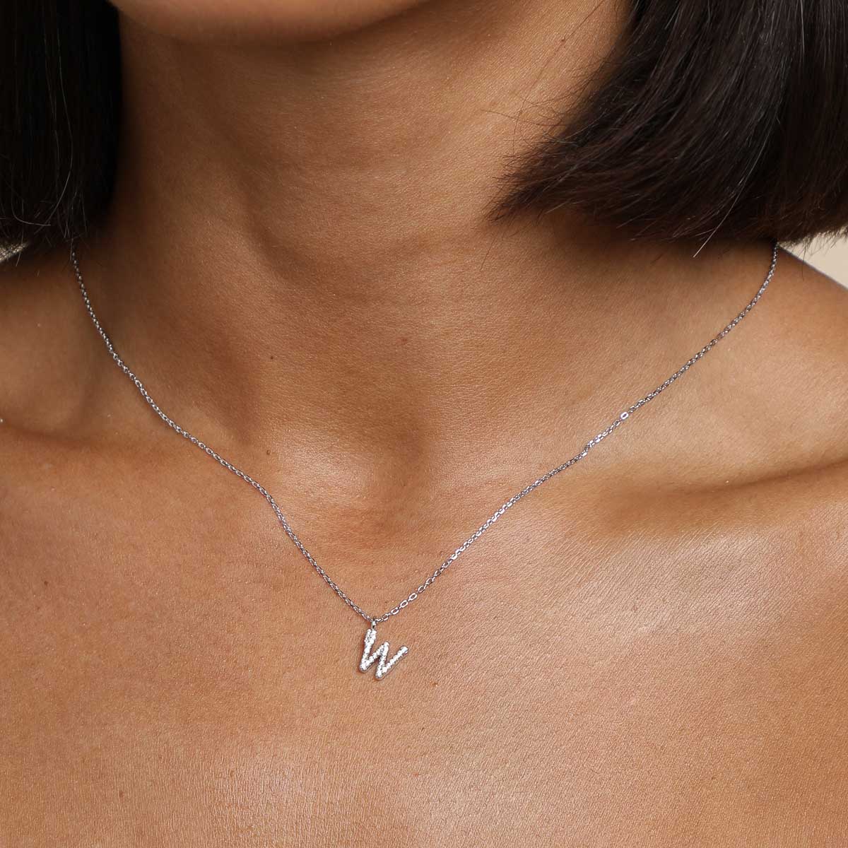 W Initial Pavé Pendant Necklace in Silver - Image 2
