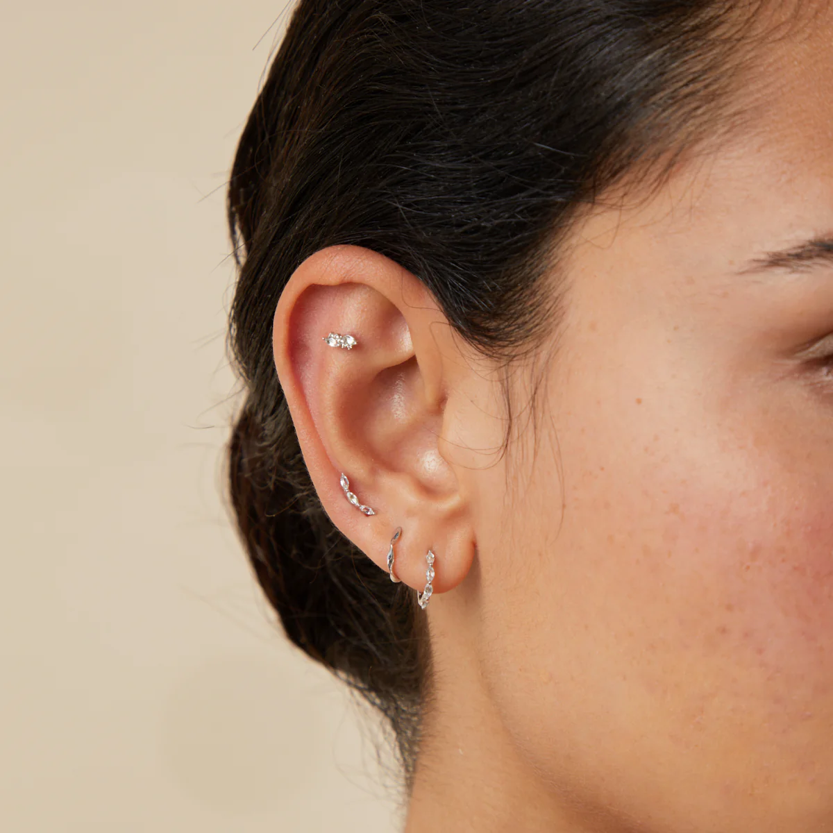 White Topaz Cluster Piercing Stud in Solid White Gold - Image 3